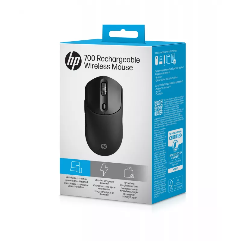 HP 700 Ładowalna Mysz Bezprzewodowa, Symetryczna, RF Bezprzewodowa + Bluetooth, 6000 DPI, Czarna