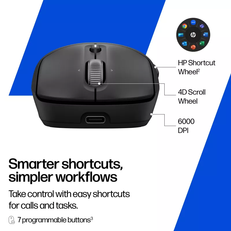HP 700 Ładowalna Mysz Bezprzewodowa, Symetryczna, RF Bezprzewodowa + Bluetooth, 6000 DPI, Czarna