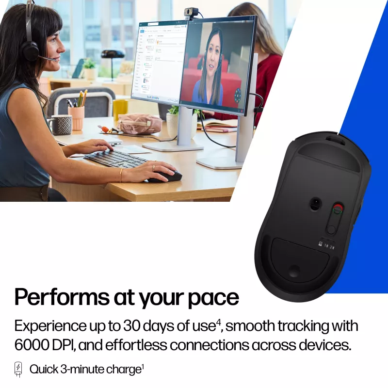 HP 700 Ładowalna Mysz Bezprzewodowa, Symetryczna, RF Bezprzewodowa + Bluetooth, 6000 DPI, Czarna