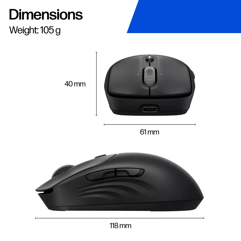 HP 700 Ładowalna Mysz Bezprzewodowa, Symetryczna, RF Bezprzewodowa + Bluetooth, 6000 DPI, Czarna