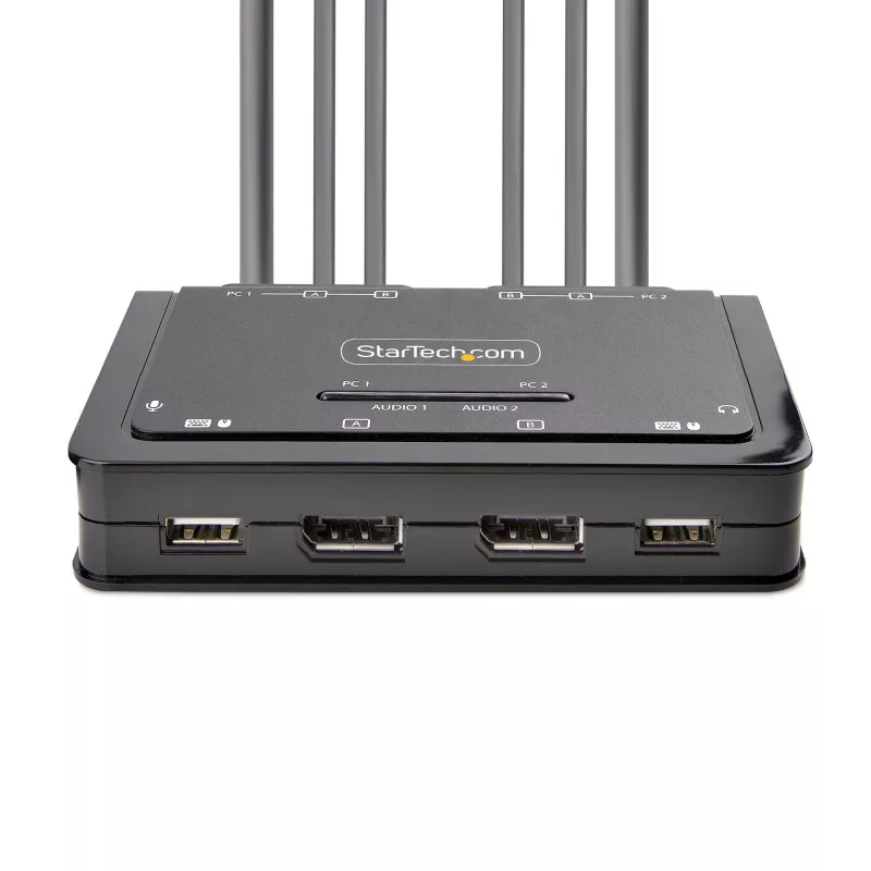 StarTech.com 2-Portowy Kompaktowy Przełącznik KVM Dual-Monitor DisplayPort, 4K 60Hz, z Wbudowanymi Kablami USB-A/DisplayPort/Audio 1,5m, Zasilany z Magistrali – Przełączanie Zdalnym Przyciskiem/Skrotami Klawiszowymi