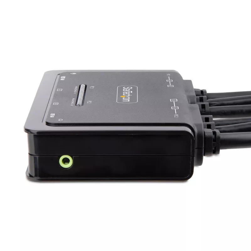 StarTech.com 2-Portowy Kompaktowy Przełącznik KVM Dual-Monitor DisplayPort, 4K 60Hz, z Wbudowanymi Kablami USB-A/DisplayPort/Audio 1,5m, Zasilany z Magistrali – Przełączanie Zdalnym Przyciskiem/Skrotami Klawiszowymi