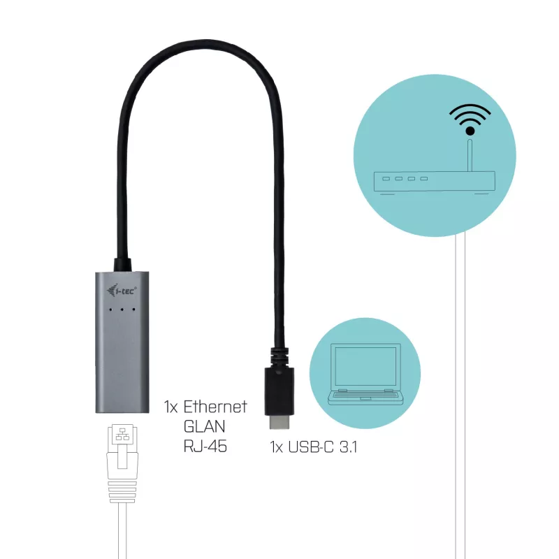 i-tec Metal USB-C Gigabit Ethernet Adapter, Wired, USB Type-C, Ethernet, 1000 Mbit/s, szary