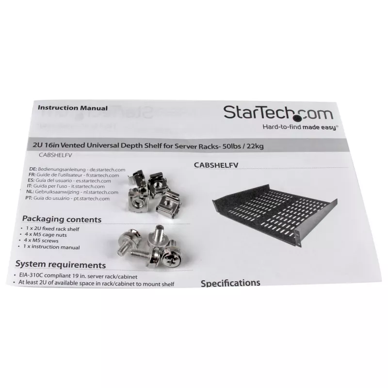 StarTech.com Półka do szafy serwerowej 2U - Uniwersalna wentylowana półka wspornikowa do montażu w szafie rack 19 inch - stal o dużej wytrzymałości - udźwig 22,6 kg - głębokość 16 inch, czarna