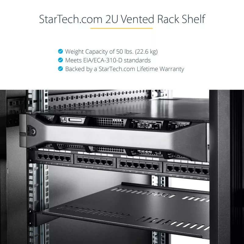 StarTech.com Półka do szafy serwerowej 2U - Uniwersalna wentylowana półka wspornikowa do montażu w szafie rack 19 inch - stal o dużej wytrzymałości - udźwig 22,6 kg - głębokość 16 inch, czarna