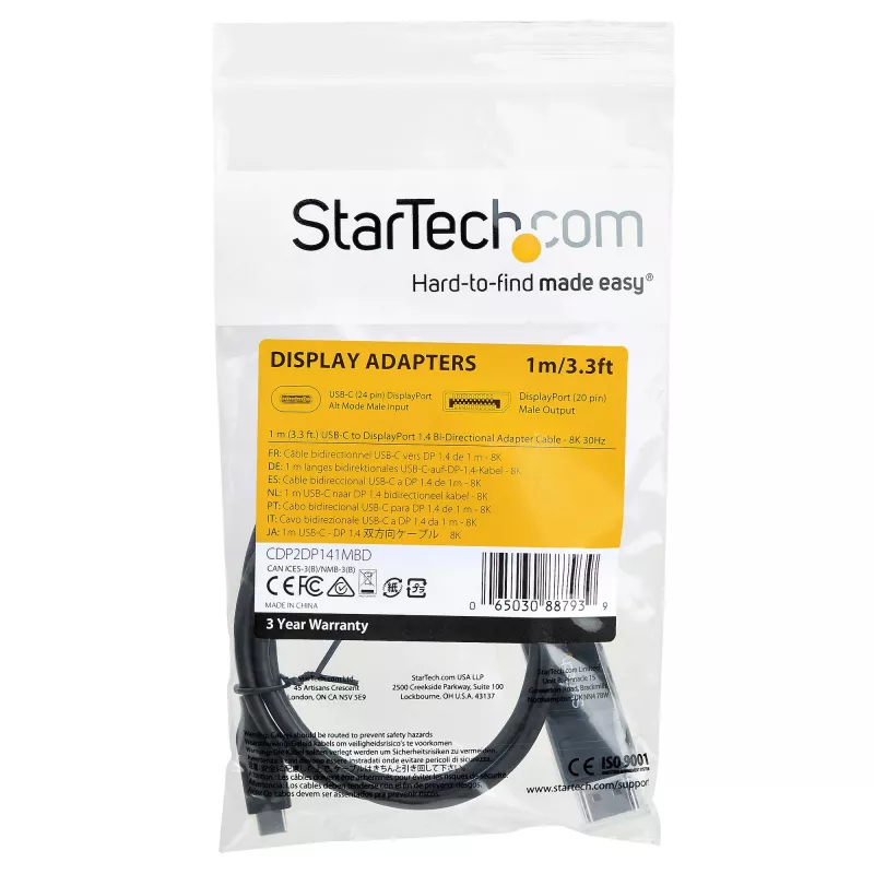 StarTech.com 3,3 ft (1 m) kabel USB C do DisplayPort 1.4 8K 60 Hz/4K — dwukierunkowy kabel wideo DP do USB-C lub USB-C do DP odwracalny adapter — HBR3/HDR/DSC — kabel monitorowy USB Type-C/Thunderbolt