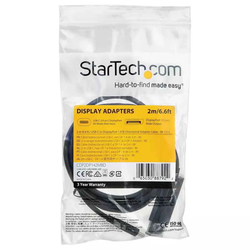 StarTech.com 6ft (2m) USB C do DisplayPort 1.4 Kabel 8K 60Hz/4K - Dwukierunkowy DP do USB-C lub USB-C do DP Odwracalny adapter kablowya wideo -HBR3/HDR/DSC - USB Type C/TB3 Kabel do monitora (CDP2DP142MBD)