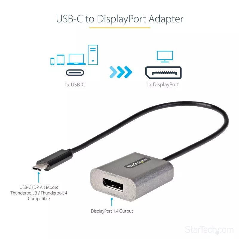 StarTech.com Adapter USB-C na DisplayPort - 8K/4K 60Hz USB-C do DisplayPort 1.4 Klucz sprzętowy - Konwerter wideo USB Type-C na DP Monitor - Współpracuje z Thunderbolt 3 - z dołączonym kablem o długości 12 cali
