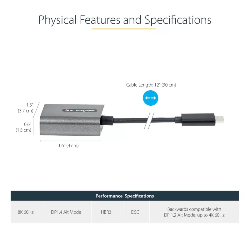 StarTech.com Adapter USB-C na DisplayPort - 8K/4K 60Hz USB-C do DisplayPort 1.4 Klucz sprzętowy - Konwerter wideo USB Type-C na DP Monitor - Współpracuje z Thunderbolt 3 - z dołączonym kablem o długości 12 cali