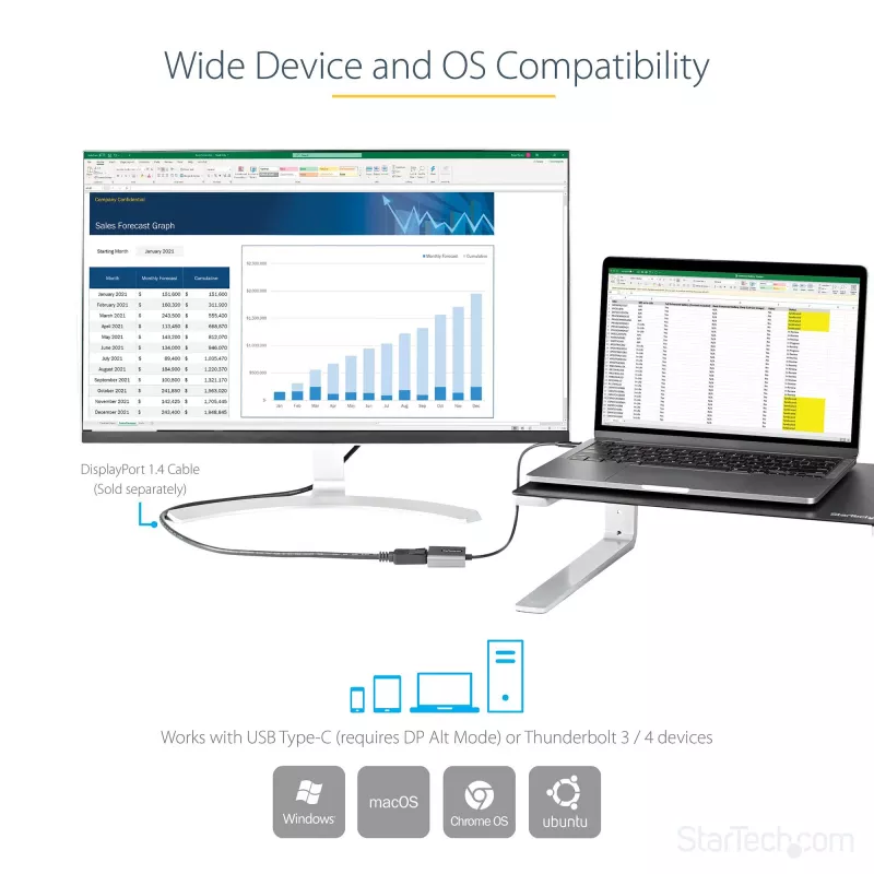 StarTech.com Adapter USB-C na DisplayPort - 8K/4K 60Hz USB-C do DisplayPort 1.4 Klucz sprzętowy - Konwerter wideo USB Type-C na DP Monitor - Współpracuje z Thunderbolt 3 - z dołączonym kablem o długości 12 cali