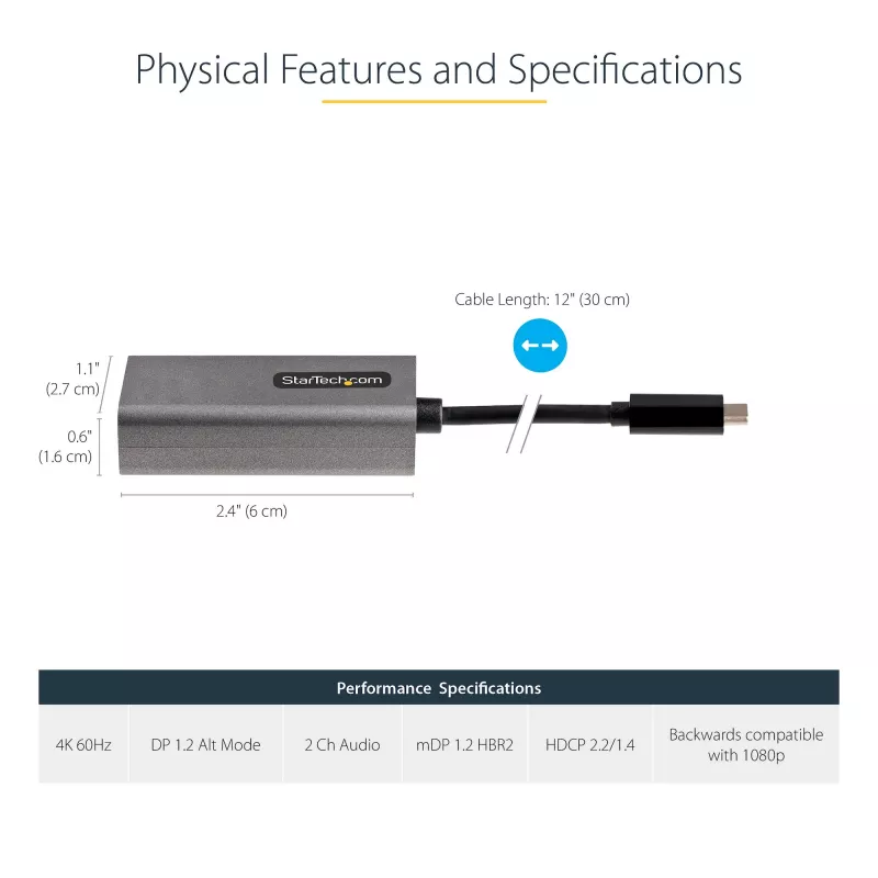 StarTech.com Adapter USB C na Mini DisplayPort - 4K 60Hz Klucz sprzętowy USB-C na mDP - Monitor USB Type-C na Mini DP - Konwerter wideo - Współpracuje z Thunderbolt 3 - Kabel o długości 30 cm na stałe - Ulepszona wersja CDP2MDP