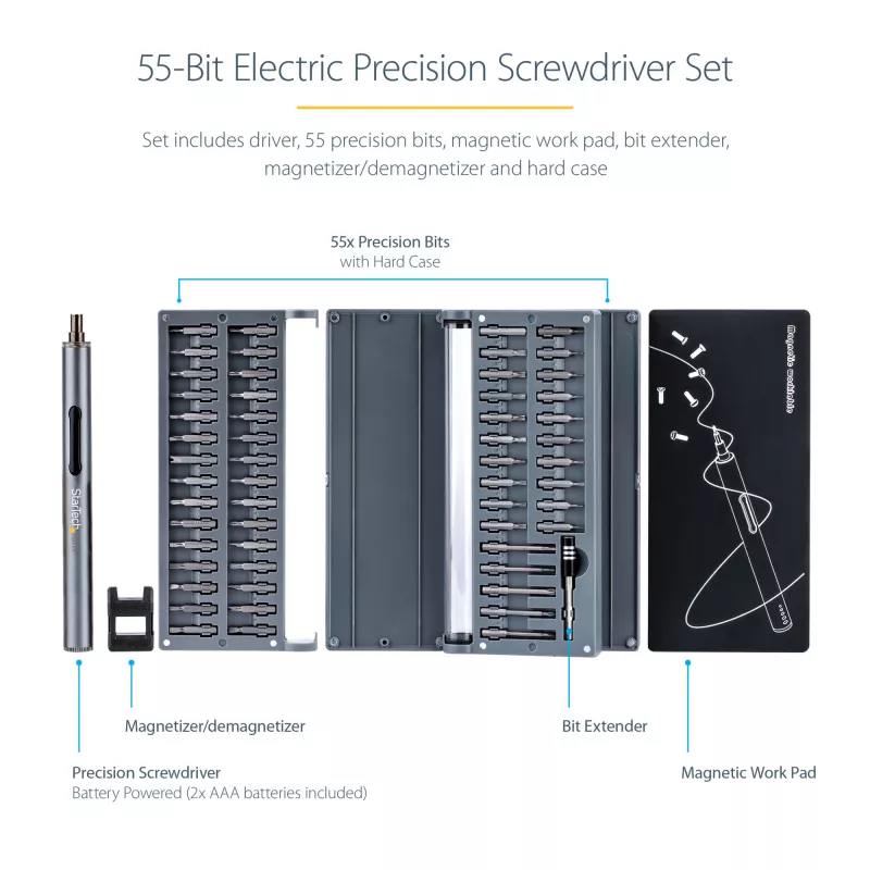 StarTech.com 55-Bit Electric Precision Screwdriver Set - Portable Cordless bateria Powered Bit Driver Kit for Electronic, Laptop, Computers, Tablet & Phone Repairs - Magnetic Work Pad