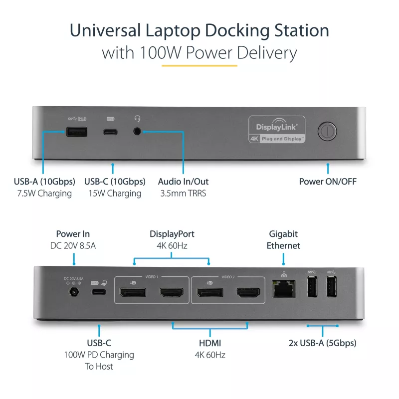 StarTech.com Uniwersalna stacja dokująca do laptopa, hybrydowa stacja dokująca USB-C i USB-A, podwójne 4K DP i HDMI, 100W PD, Mac / Windows / Chrome OS, 4-portowy hub USB 5Gbps, GbE