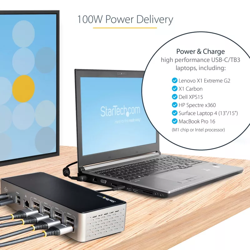 StarTech.com Stacja dokująca USB-C – 4K 60Hz, cztery monitory DisplayPort i HDMI – Uniwersalna stacja dokująca USB-C z zasilaniem 100W – Hub USB z 1x USB Type-C i 3x USB-A, Ethernet, Audio