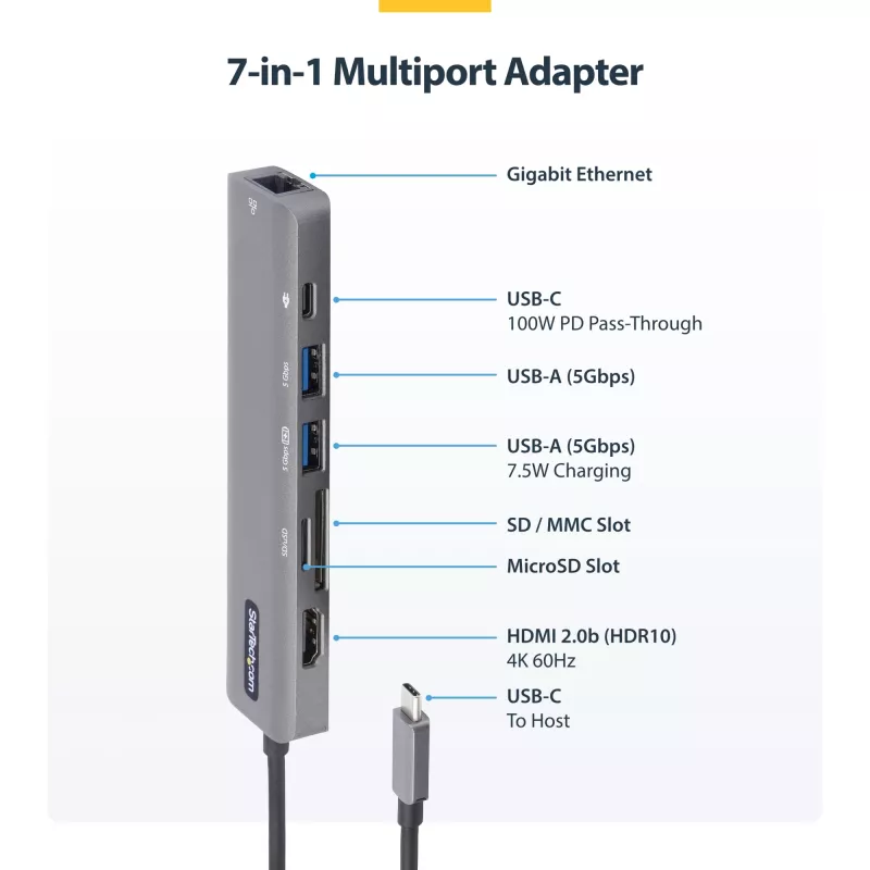 StarTech.com Hub wieloportowy USB-C, USB-C do 4K 60Hz HDMI, Gigabit Ethernet i ładowanie laptopa 100W dla Macbook Pro / Air i Windows