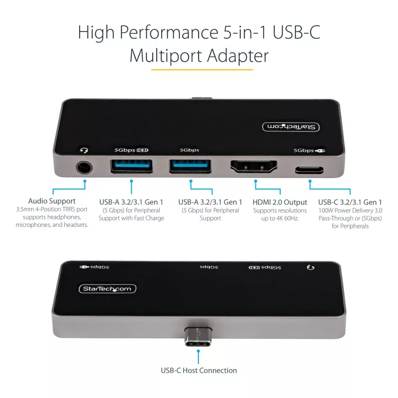 StarTech.com Wieloportowy adapter USB C - USB-C do 4K 60Hz HDMI 2.0, ładowanie przelotowe Power Delivery 100W, 3-portowy hub USB 3.0, audio - Minidok USB-C - Przenośna stacja podróżna USB Type-C