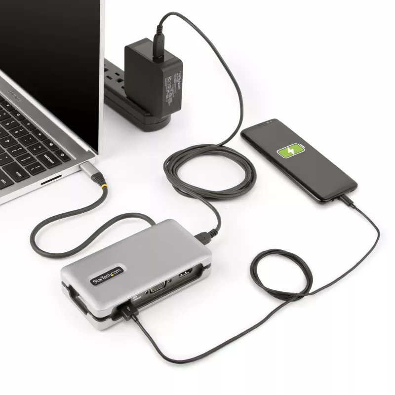 StarTech.com USB-C Multiport Adapter - HDMI/VGA - 4K 60Hz - 3-Port USB Hub - 100W Power Delivery Pass-Through - GbE - Travel Mini Docking Station w/ Charging - 1ft/30cm Wrap-Around kabel