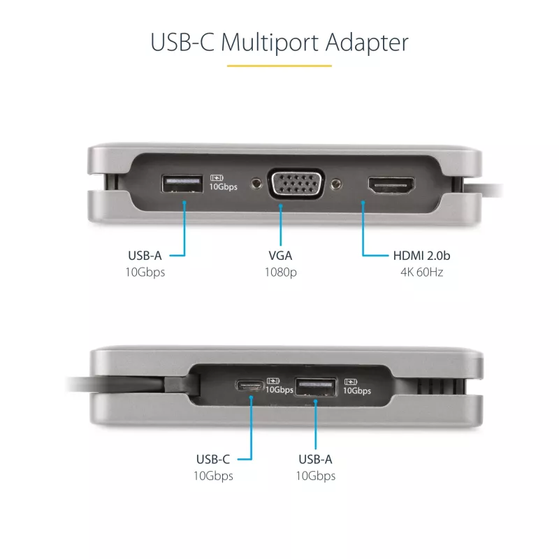 StarTech.com USB-C Multiport Adapter - HDMI/VGA - 4K 60Hz - 3-Port USB Hub - 100W Power Delivery Pass-Through - GbE - Travel Mini Docking Station w/ Charging - 1ft/30cm Wrap-Around kabel