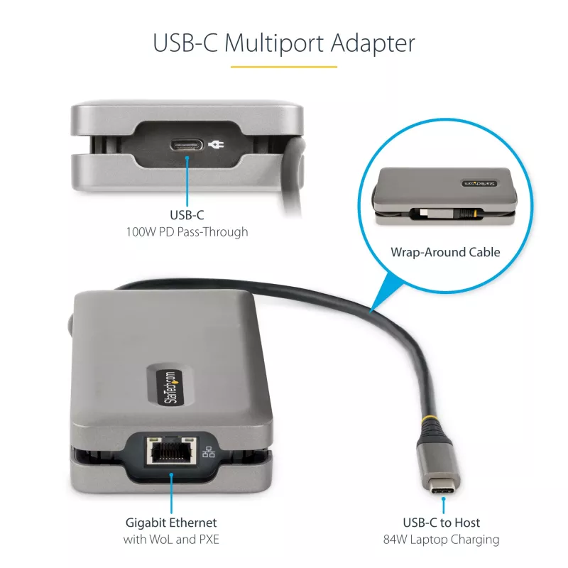 StarTech.com USB-C Multiport Adapter - HDMI/VGA - 4K 60Hz - 3-Port USB Hub - 100W Power Delivery Pass-Through - GbE - Travel Mini Docking Station w/ Charging - 1ft/30cm Wrap-Around kabel