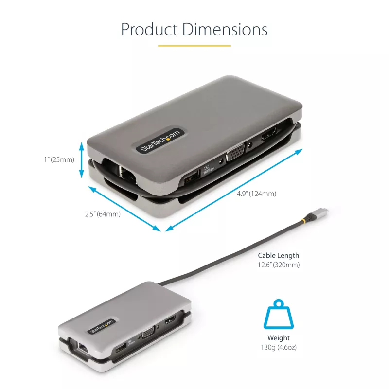 StarTech.com USB-C Multiport Adapter - HDMI/VGA - 4K 60Hz - 3-Port USB Hub - 100W Power Delivery Pass-Through - GbE - Travel Mini Docking Station w/ Charging - 1ft/30cm Wrap-Around kabel
