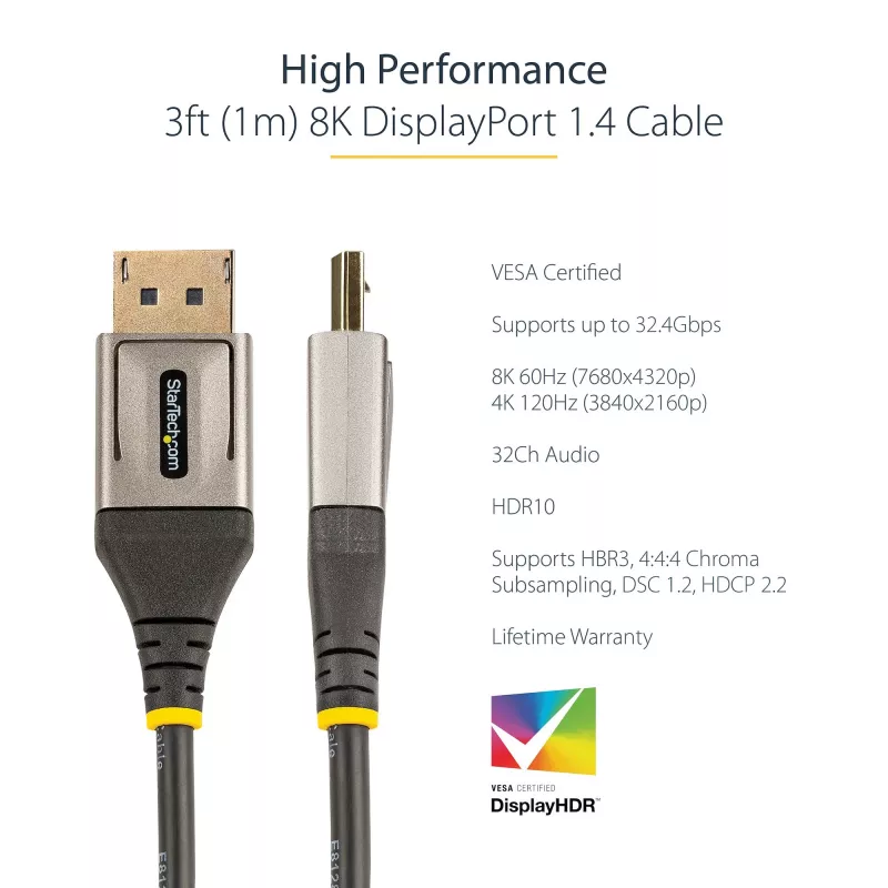 StarTech.com 1 m przewód DisplayPort 1.4 z certyfikatem VESA – 8K 60 Hz HDR10 – Ultra HD 4K 120 Hz wideo – kabel/przewód DP 1.4 – do monitorów/wyświetlaczy – DisplayPort na DisplayPort – M/M