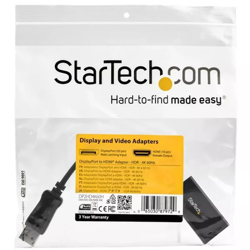 StarTech.com Adapter DisplayPort do HDMI - 4K 60Hz HDR10 Aktywny DisplayPort 1.4 do HDMI 2.0b Konwerter Wideo - 4K DP do HDMI Klucz Adaptera do Monitora/Wyświetlacza/Telewizora - Zatrzaskowe Złącze DP