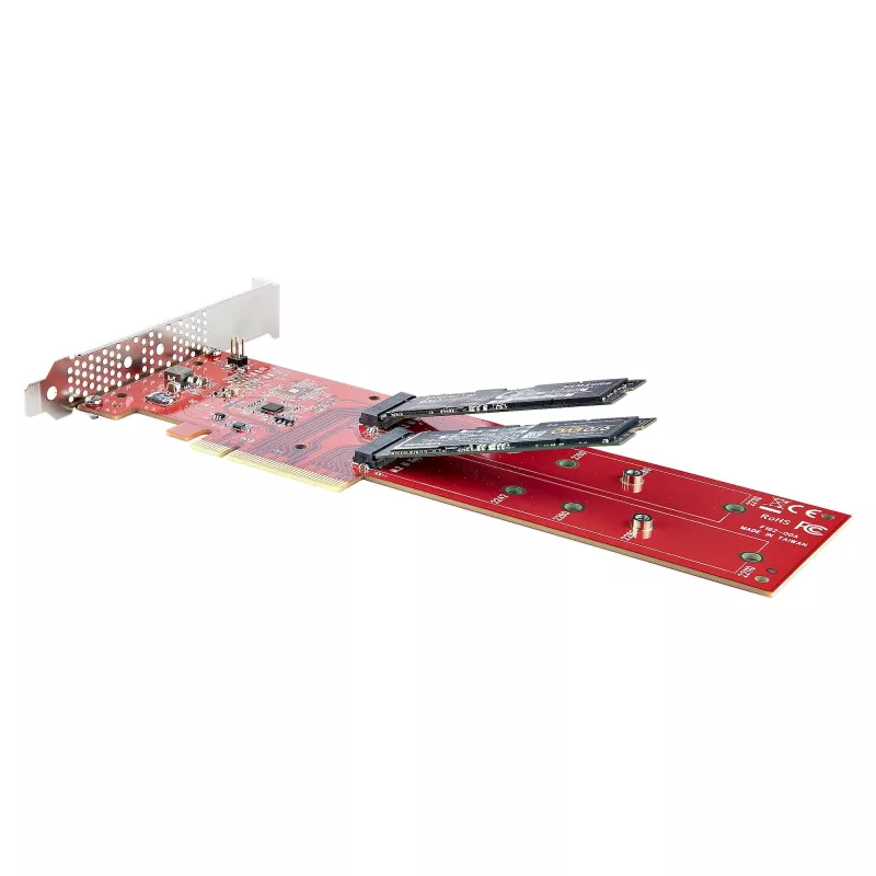 Karta adaptera StarTech.com Dual M.2 PCIe SSD, PCIe x8 / x16 na dwa dyski SSD NVMe lub AHCI M.2, PCI Express 4.0, 7,8 GBps na dysk, wymagana bifurkacja - kompatybilna z Windows/Linux