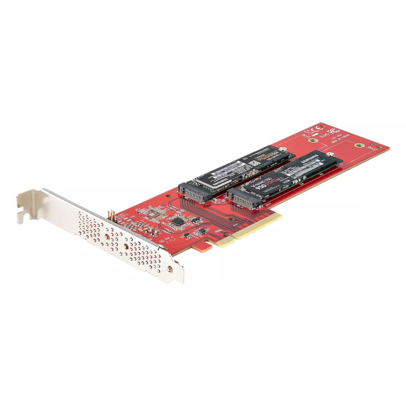 Karta adaptera StarTech.com Dual M.2 PCIe SSD, PCIe x8 / x16 na dwa dyski SSD NVMe lub AHCI M.2, PCI Express 4.0, 7,8 GBps na dysk, wymagana bifurkacja - kompatybilna z Windows/Linux
