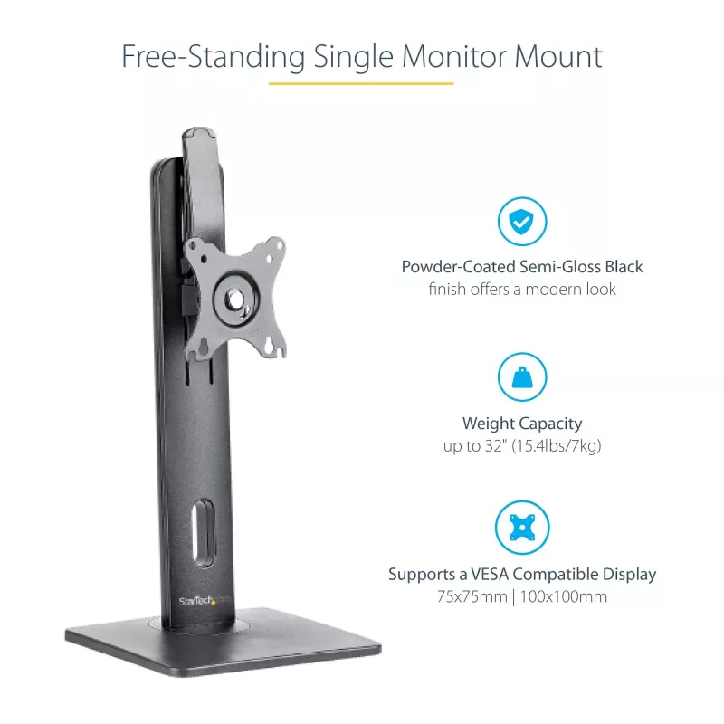 StarTech.com Wolnostojący pojedynczy uchwyt do monitora - Regulowany wysokością stojak na monitor - Do monitorów z mocowaniem VESA do 32 cali (15 funtów/7 kg) - Ergonomiczny stojak na monitor na biurko - Pochylenie/obrót/rotacja
