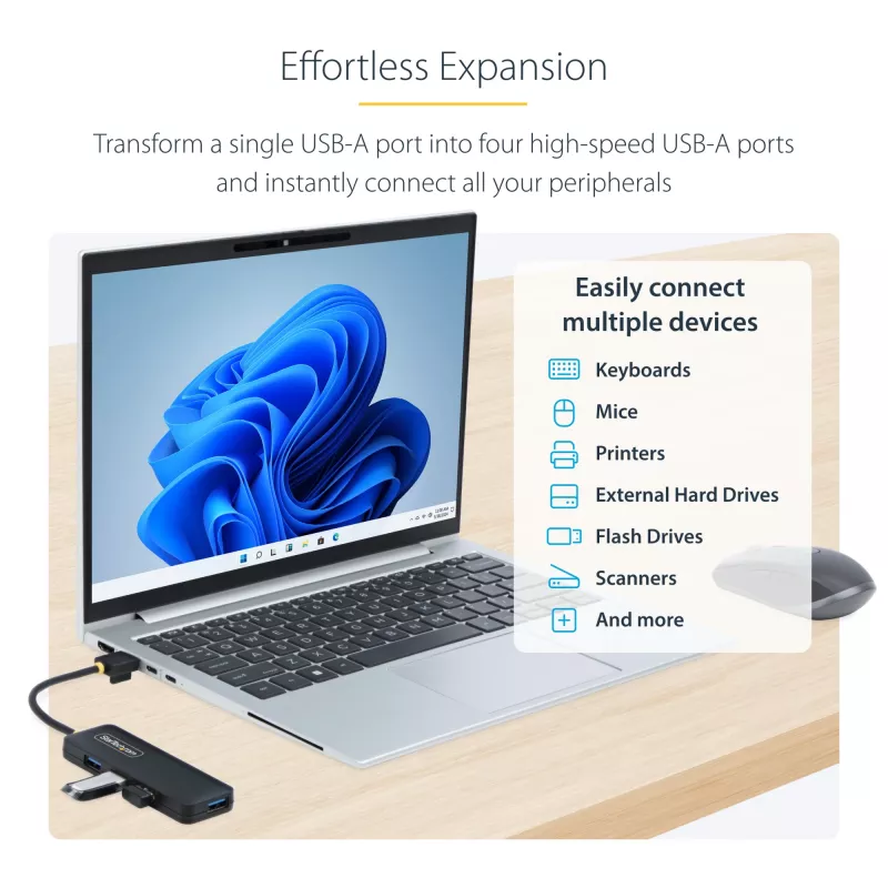 StarTech.com 4-portowy hub USB-A, 5 Gb/s, zasilany z magistrali, mały podróżny mini hub USB, rozdzielacz USB 3.0 z wieloma portami, przenośny hub USB, zabezpieczenie nadprądowe (OCP)
