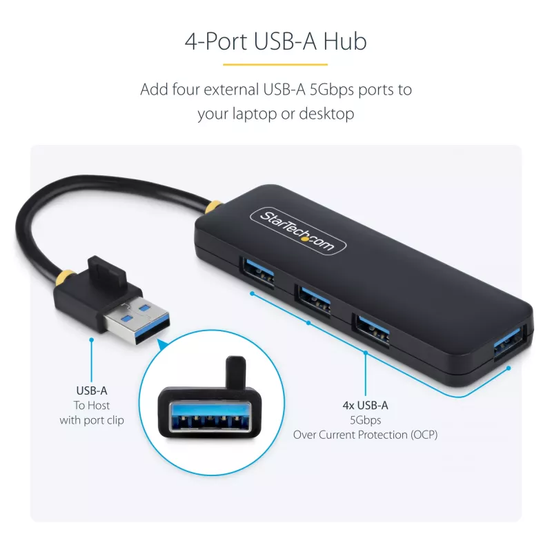 StarTech.com 4-portowy hub USB-A, 5 Gb/s, zasilany z magistrali, mały podróżny mini hub USB, rozdzielacz USB 3.0 z wieloma portami, przenośny hub USB, zabezpieczenie nadprądowe (OCP)