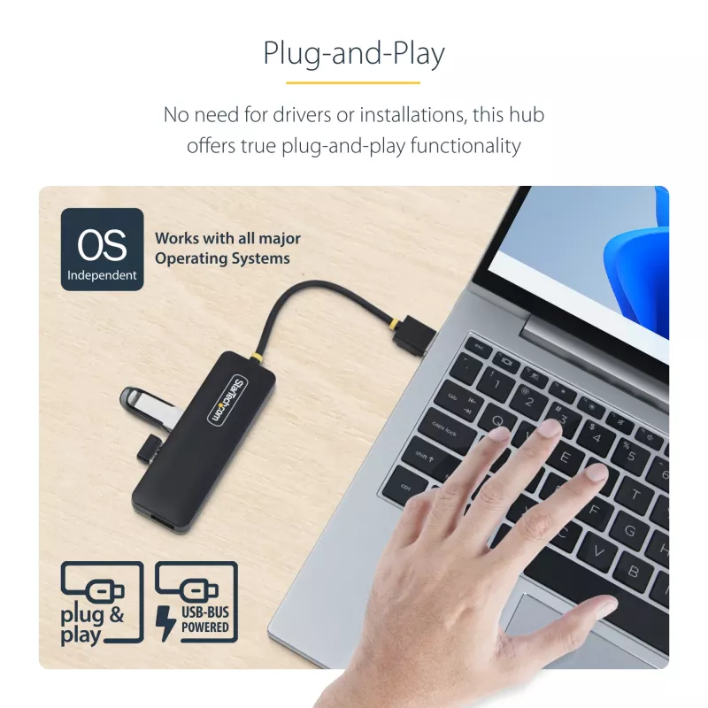 StarTech.com 4-portowy hub USB-A, 5 Gb/s, zasilany z magistrali, mały podróżny mini hub USB, rozdzielacz USB 3.0 z wieloma portami, przenośny hub USB, zabezpieczenie nadprądowe (OCP)