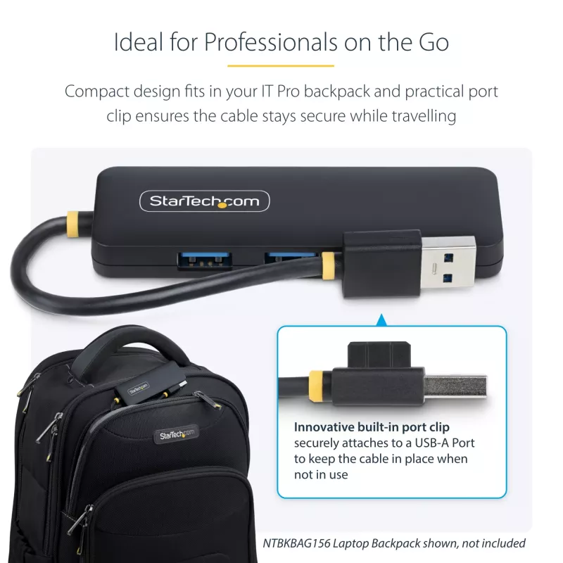 StarTech.com 4-portowy hub USB-A, 5 Gb/s, zasilany z magistrali, mały podróżny mini hub USB, rozdzielacz USB 3.0 z wieloma portami, przenośny hub USB, zabezpieczenie nadprądowe (OCP)