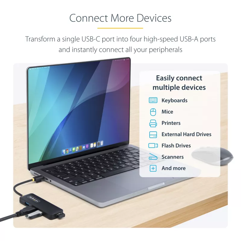 StarTech.com 4-portowy hub USB-C, 5 Gb/s, USB-C na 4x USB-A, zasilany z magistrali, kompaktowy mini hub podróżny, wieloportowy rozdzielacz USB 3.0, przenośny hub, zabezpieczenie nadprądowe
