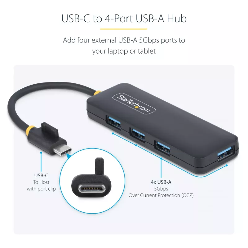 StarTech.com 4-portowy hub USB-C, 5 Gb/s, USB-C na 4x USB-A, zasilany z magistrali, kompaktowy mini hub podróżny, wieloportowy rozdzielacz USB 3.0, przenośny hub, zabezpieczenie nadprądowe