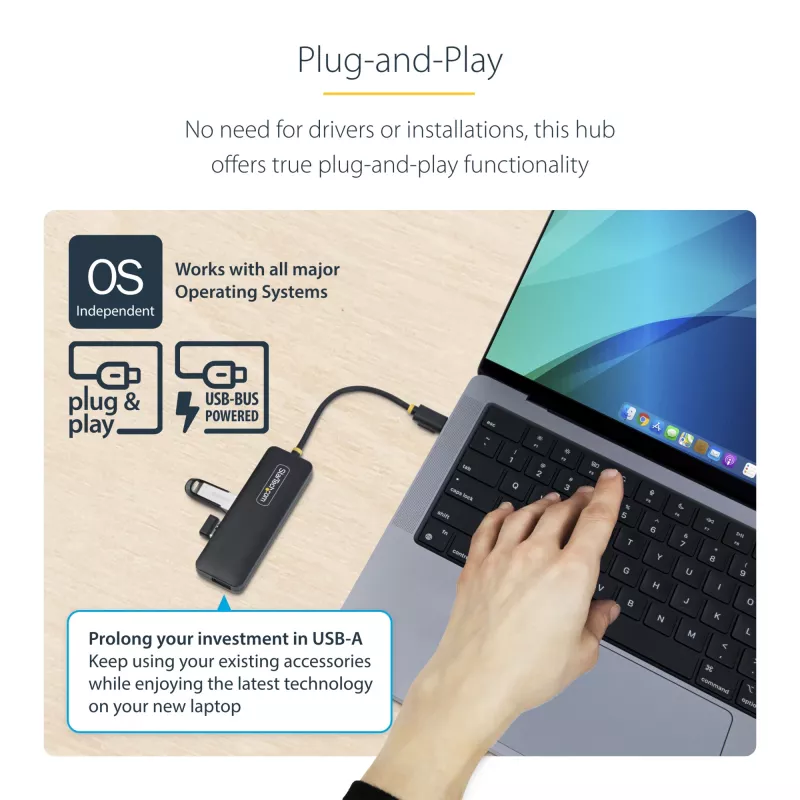 StarTech.com 4-portowy hub USB-C, 5 Gb/s, USB-C na 4x USB-A, zasilany z magistrali, kompaktowy mini hub podróżny, wieloportowy rozdzielacz USB 3.0, przenośny hub, zabezpieczenie nadprądowe