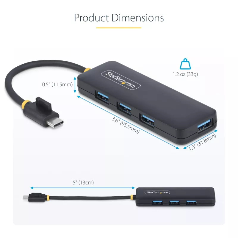StarTech.com 4-portowy hub USB-C, 5 Gb/s, USB-C na 4x USB-A, zasilany z magistrali, kompaktowy mini hub podróżny, wieloportowy rozdzielacz USB 3.0, przenośny hub, zabezpieczenie nadprądowe