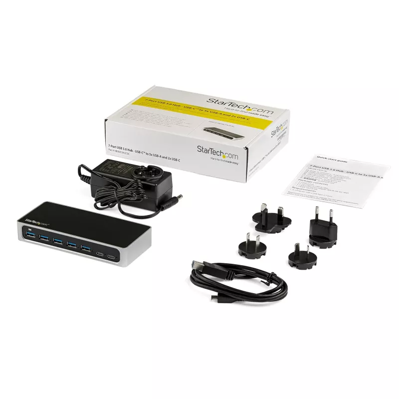 StarTech.com 7-portowy hub USB-C z portem szybkiego ładowania – USB-C na 5x USB-A i 2x USB-C (USB 3.0 SuperSpeed 5 Gb/s) – samo-zasilany hub USB 3.2 Gen 1 typ-C z zasilaczem – do laptopa/komputera stacjonarnego