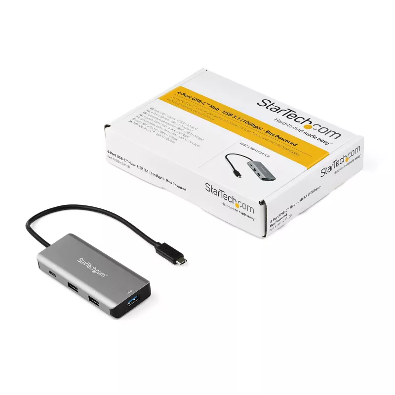 StarTech.com 4-portowy hub USB C z 3x USB A i 1x USB C – SuperSpeed 10 Gb/s USB Type-C 3.1/3.2 Gen 2 – zasilany przez magistralę USB – kompaktowy adapter USB-C na USB – przenośny hub do laptopa – aluminium~4-portowy hub USB C z 3x USB A i 1x USB C – SuperSpeed 10 Gb/s USB Type-C 3.2 Gen 2 – zasilany przez magistralę USB – kompaktowy adapter USB-C na USB – przenośny hub do laptopa – aluminium