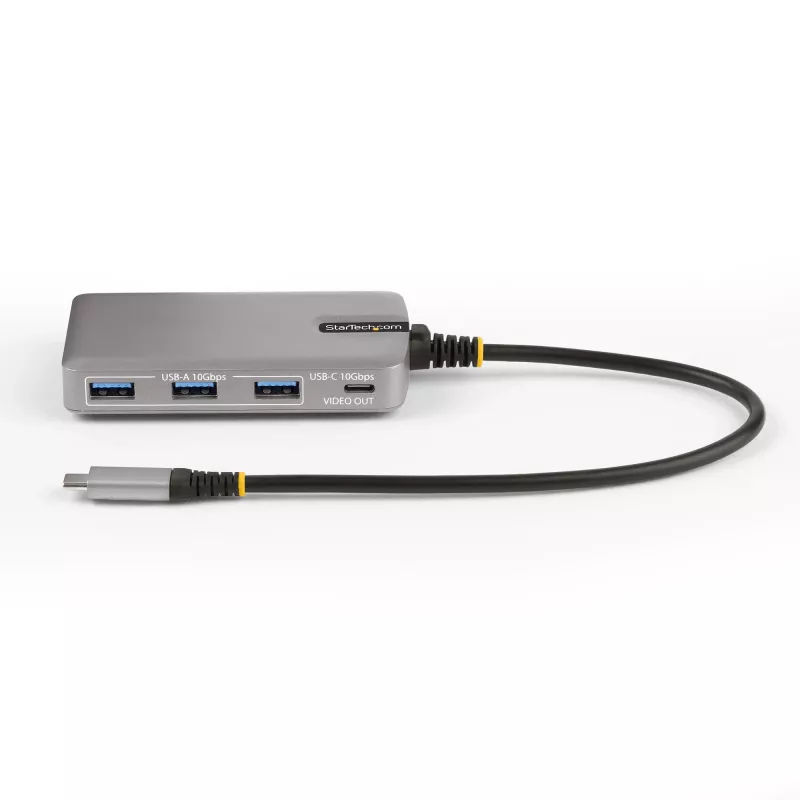 StarTech.com 4-portowy hub USB-C z wyjściem wideo USB-C DP Alt Mode 4K 60 Hz – 3x USB-A, 1x USB Type-C, zasilanie przejściowe 100 W Power Delivery, USB 3.2 10 Gb/s, kabel 30 cm, przenośny hub USB
