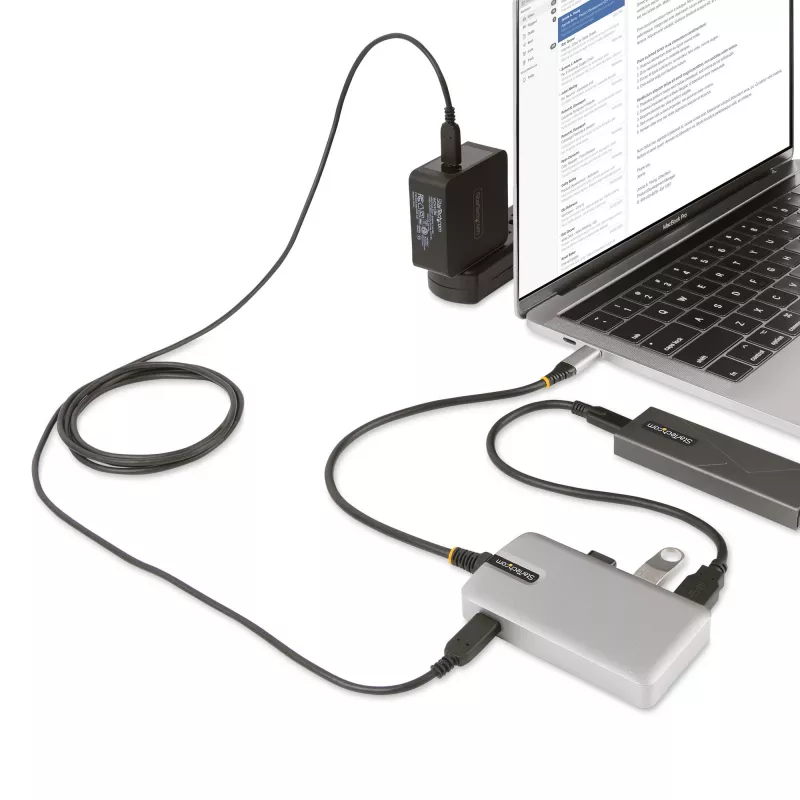 StarTech.com 4-portowy hub USB-C z wyjściem wideo USB-C DP Alt Mode 4K 60 Hz – 3x USB-A, 1x USB Type-C, zasilanie przejściowe 100 W Power Delivery, USB 3.2 10 Gb/s, kabel 30 cm, przenośny hub USB