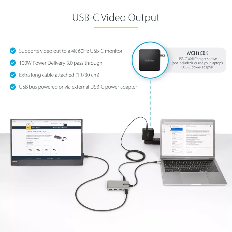 StarTech.com 4-portowy hub USB-C z wyjściem wideo USB-C DP Alt Mode 4K 60 Hz – 3x USB-A, 1x USB Type-C, zasilanie przejściowe 100 W Power Delivery, USB 3.2 10 Gb/s, kabel 30 cm, przenośny hub USB