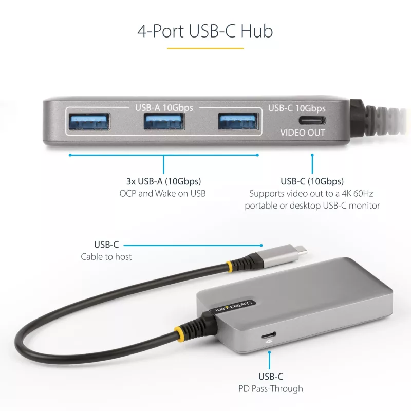 StarTech.com 4-portowy hub USB-C z wyjściem wideo USB-C DP Alt Mode 4K 60 Hz – 3x USB-A, 1x USB Type-C, zasilanie przejściowe 100 W Power Delivery, USB 3.2 10 Gb/s, kabel 30 cm, przenośny hub USB