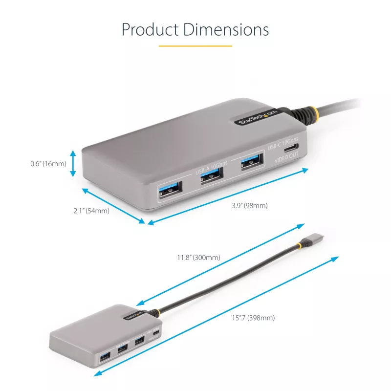 StarTech.com 4-portowy hub USB-C z wyjściem wideo USB-C DP Alt Mode 4K 60 Hz – 3x USB-A, 1x USB Type-C, zasilanie przejściowe 100 W Power Delivery, USB 3.2 10 Gb/s, kabel 30 cm, przenośny hub USB
