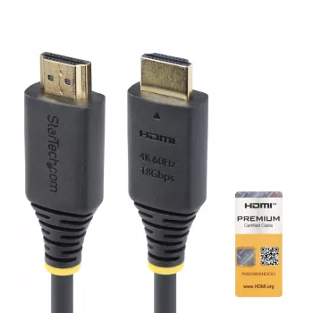 StarTech.com 1.6 stopy (50 cm) Premium certyfikowany szybki kabel HDMI, 4K 60 Hz/1440p 144 Hz, HDR10/HDCP 2.2/ARC, 18 Gb/s, przewód UHD HDMI 2.0 do telewizora/monitora/wyświetlacza, powłoka TPE