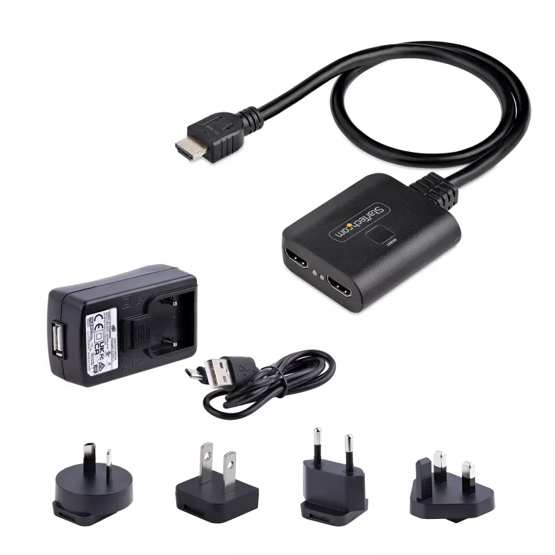 StarTech.com 2-Portowy Rozdzielacz HDMI, 4K 60Hz HDMI 2.0 Video, Rozdzielacz HDMI 4K 1 We 2 Wy, Rozdzielacz Wyświetlania/Wyjścia HDMI 1x2, HDR/HDCP, Wbudowany Kabel HDMI 20 cali (50 cm)
