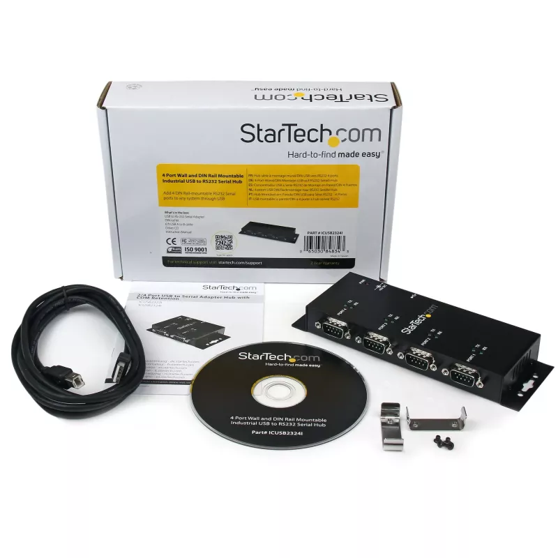StarTech.com 4-portowy przemysłowy koncentrator szeregowy USB na RS232 DB9 – do montażu na szynie DIN i ścianie