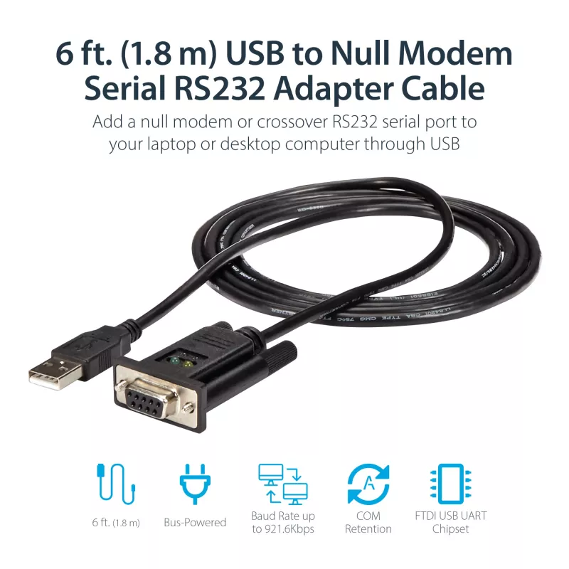 StarTech.com 6ft (1.8m) 1-Port USB na szeregowy RS232 Adapter, FTDI DB9 Szeregowy przewód adaptera DCE, Null Modem, USB 2.0 - TAA