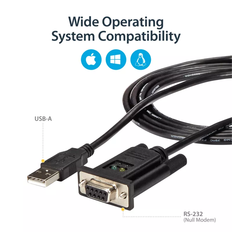 StarTech.com 6ft (1.8m) 1-Port USB na szeregowy RS232 Adapter, FTDI DB9 Szeregowy przewód adaptera DCE, Null Modem, USB 2.0 - TAA
