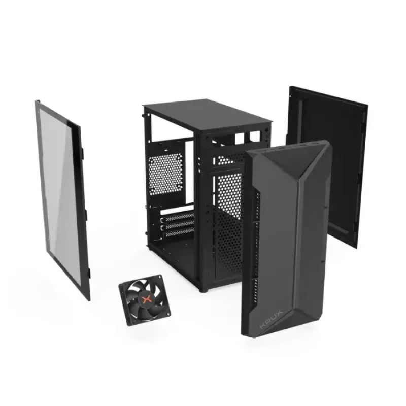 Obudowa PC KRUX Astro Cube Czarny — obudowa cube, obsługuje micro ATX/mini‑ITX, 1×3,5 cala + 2×2,5 cala wnęki, okno boczne, maks. zasilacz 28 cm, maks. wysokość chłodzenia 136 mm